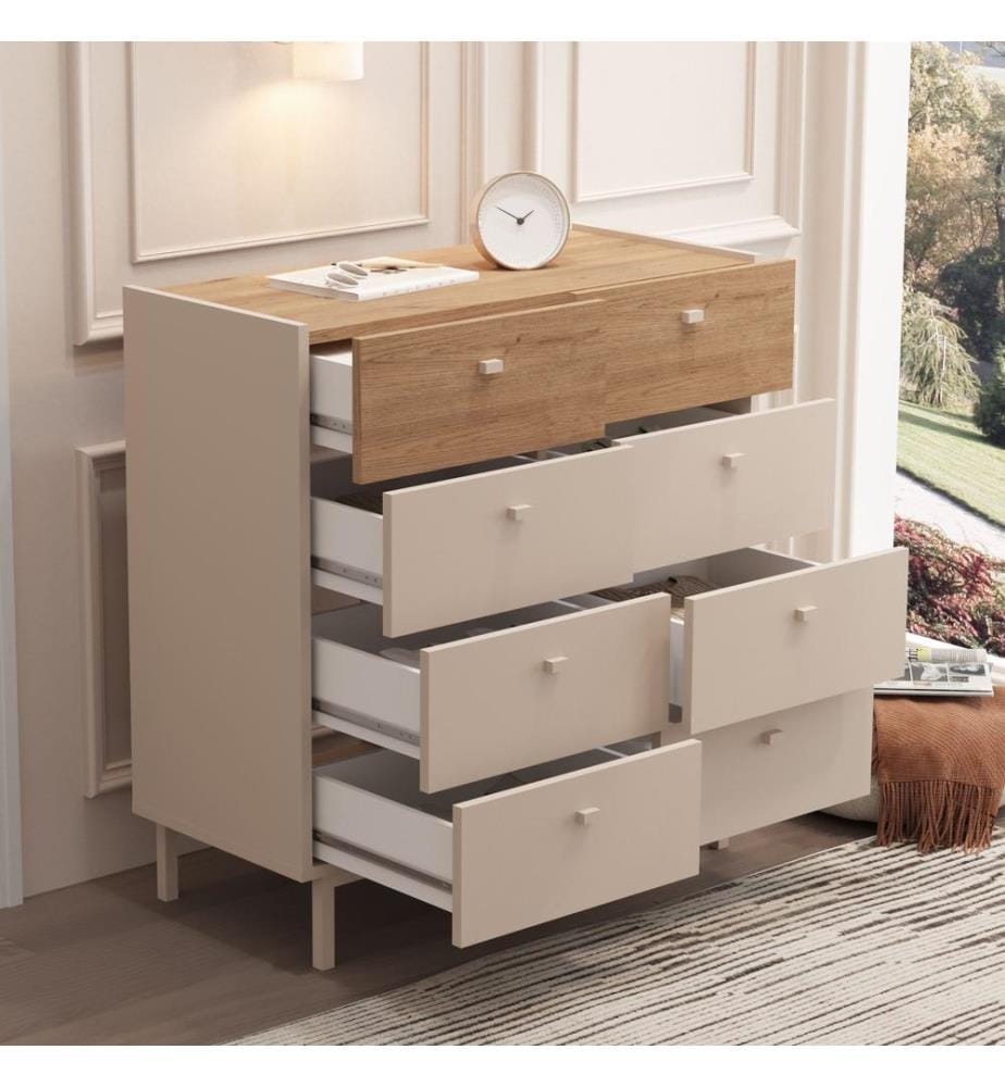Commode, panneaux de particules 100 % mélaminés, coloris sable et chêne.
