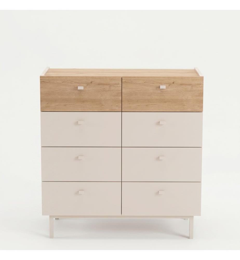 Commode, panneaux de particules 100 % mélaminés, coloris sable et chêne.