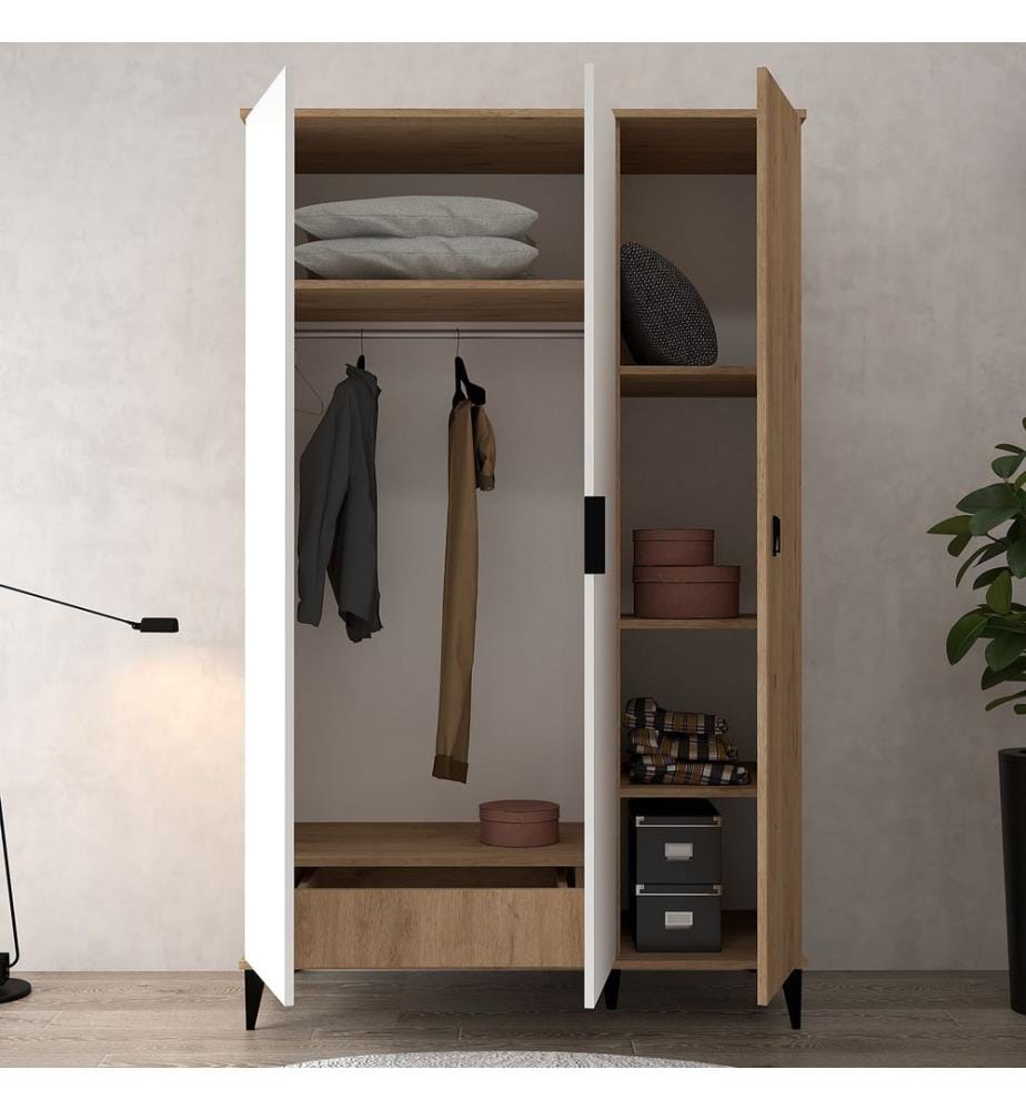 Kleiderschrank, 100 % melaminbeschichtete Spanplatte, Saphir-Eiche, Weiss