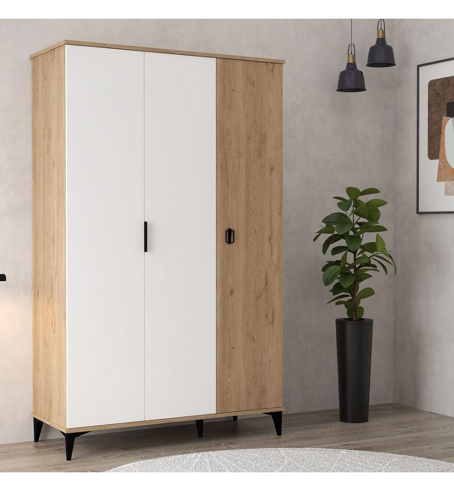Kleiderschrank, 100 % melaminbeschichtete Spanplatte, Saphir-Eiche, Weiss