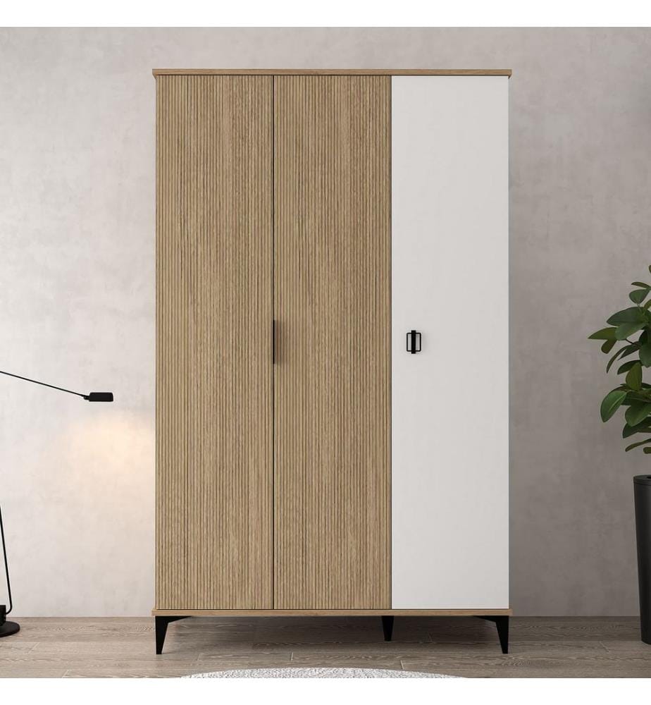 Kleiderschrank, 100 % melaminbeschichtete Spanplatte, Eiche, Weiss