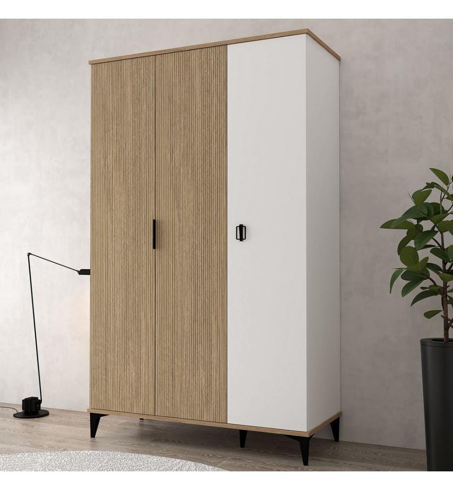 Kleiderschrank, 100 % melaminbeschichtete Spanplatte, Eiche, Weiss
