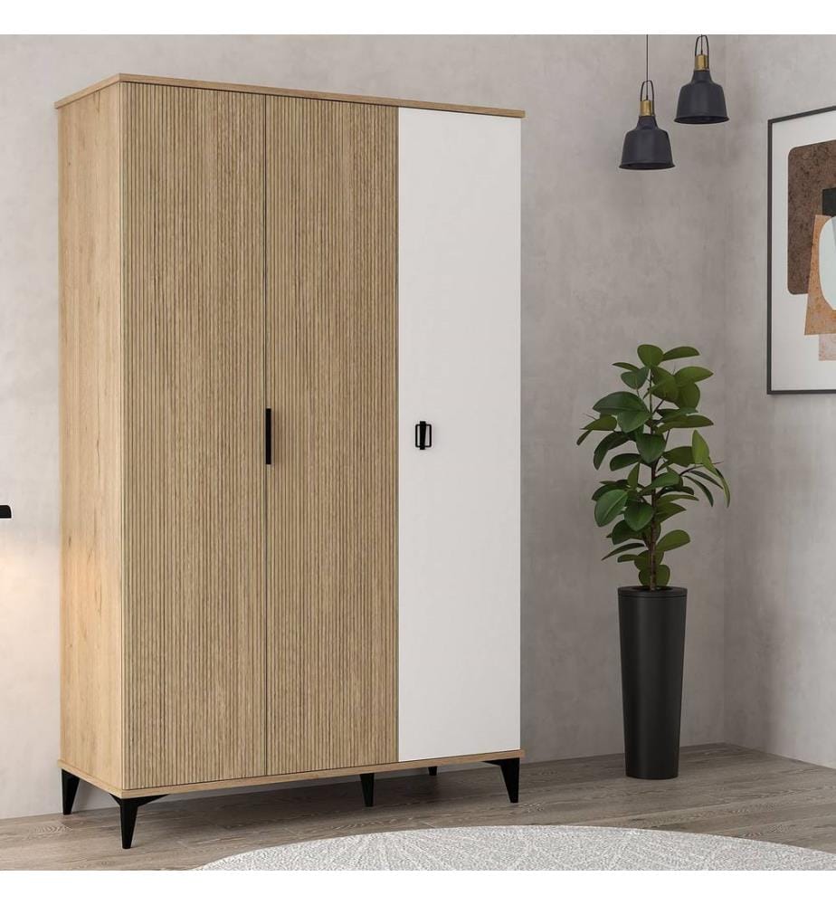 Kleiderschrank, 100 % melaminbeschichtete Spanplatte, Eiche, Weiss