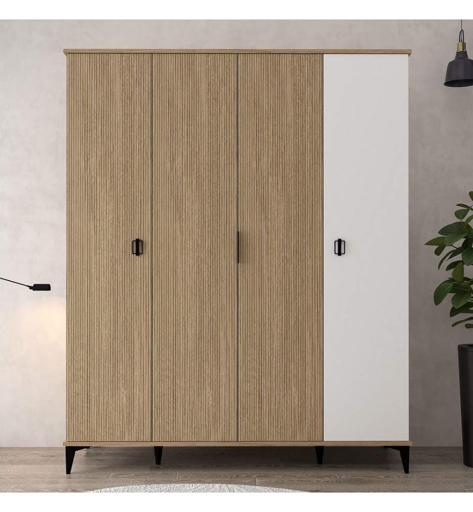 Kleiderschrank, 100 % melaminbeschichtete Spanplatte, Eiche, Weiss