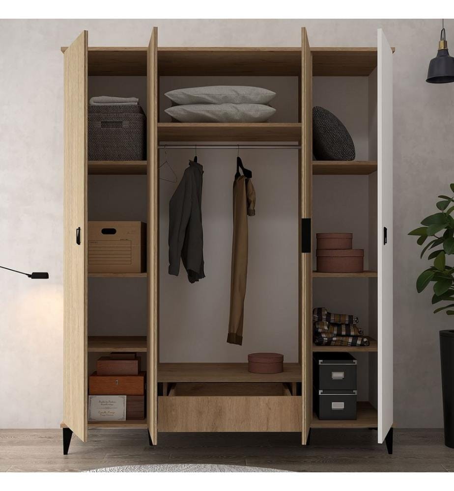 Kleiderschrank, 100 % melaminbeschichtete Spanplatte, Eiche, Weiss