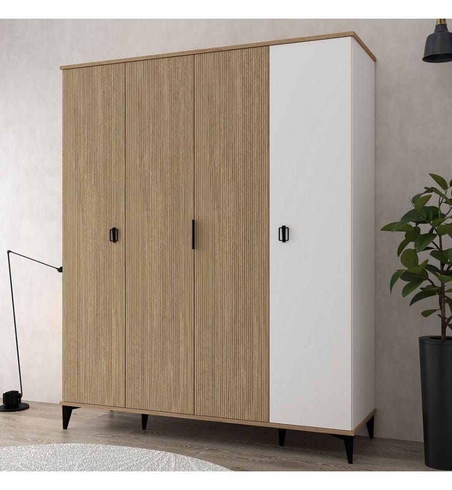 Kleiderschrank, 100 % melaminbeschichtete Spanplatte, Eiche, Weiss