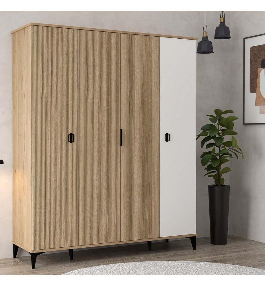 Kleiderschrank, 100 % melaminbeschichtete Spanplatte, Eiche, Weiss