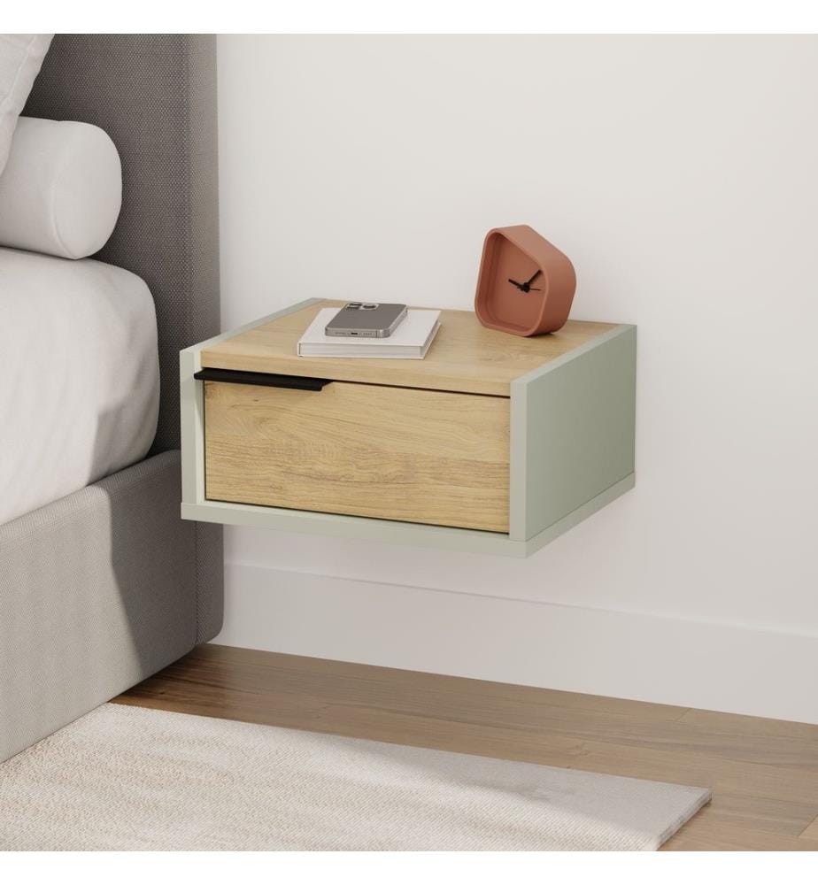 Table de chevet, panneau de particules 100 % mélaminé, vert cendré, chêne saphir