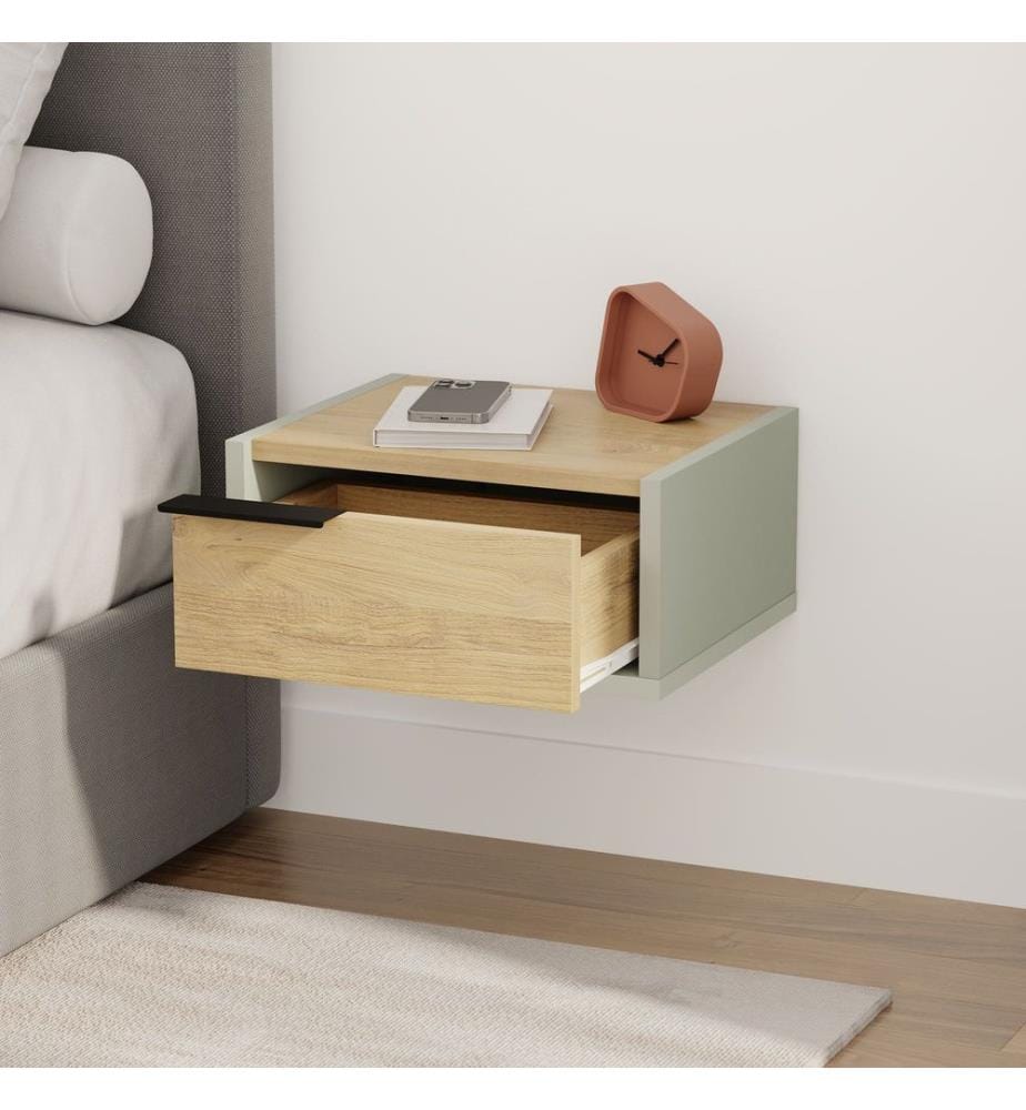 Table de chevet, panneau de particules 100 % mélaminé, vert cendré, chêne saphir
