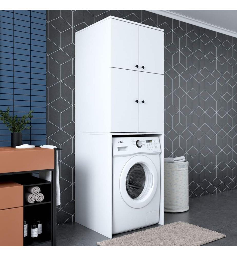 Meuble pour machine à laver, en panneaux de particules mélaminés de qualité E1, blanc.