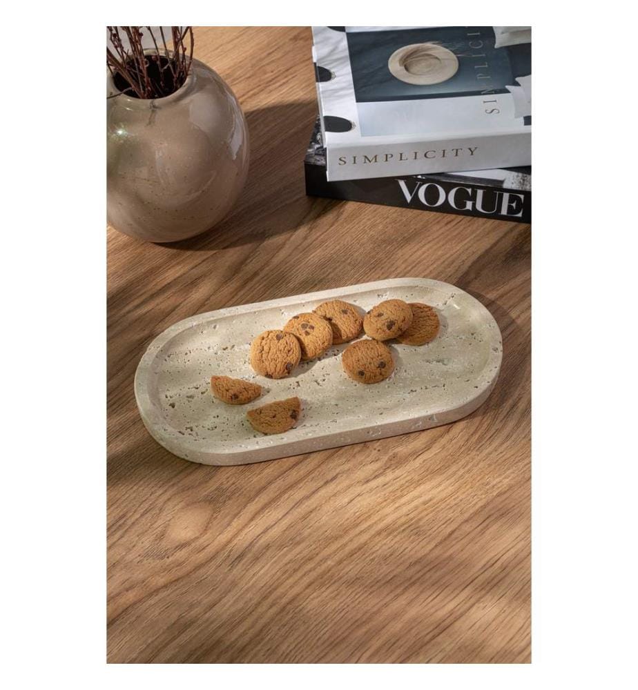 Platter Set, 2 Pieces, Beige, 100% TRAVERTINE MARBLE