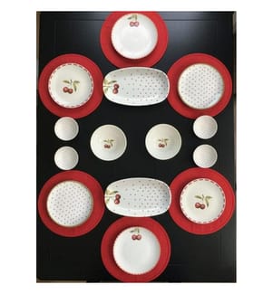 Service à petit-déjeuner, 14 pièces, blanc et rouge, 100 % porcelaine