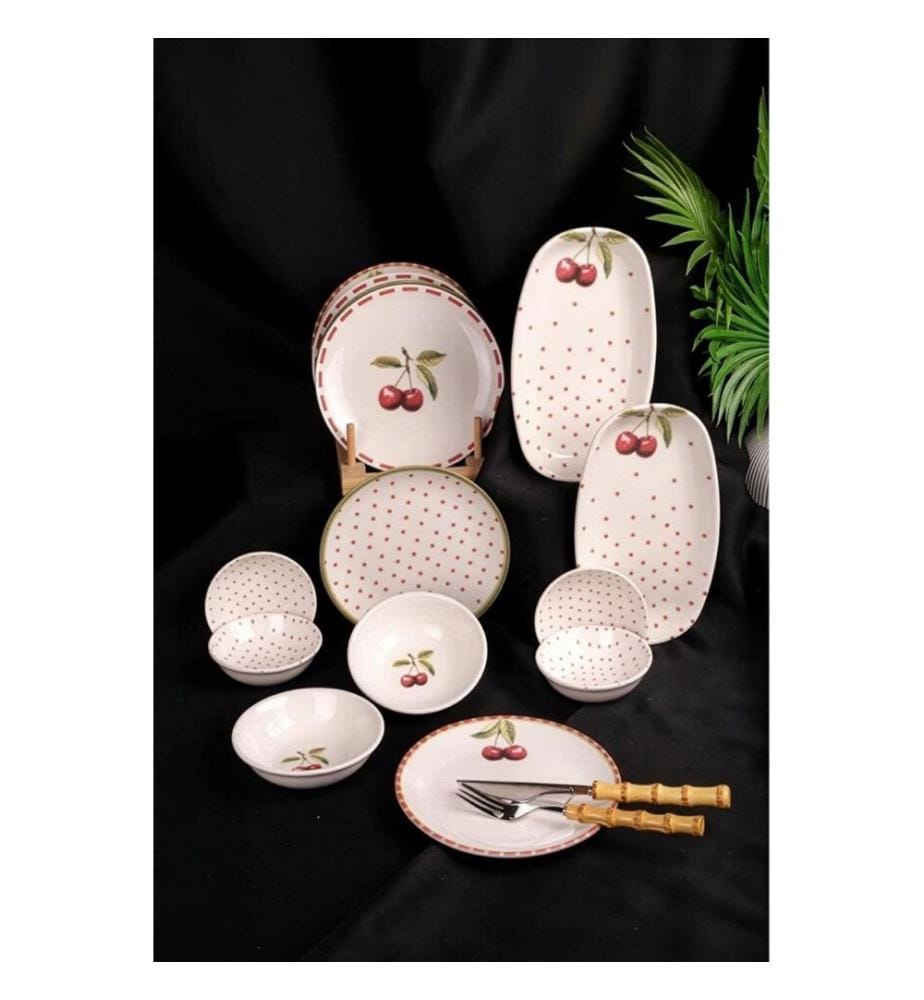 Service à petit-déjeuner, 14 pièces, blanc et rouge, 100 % porcelaine