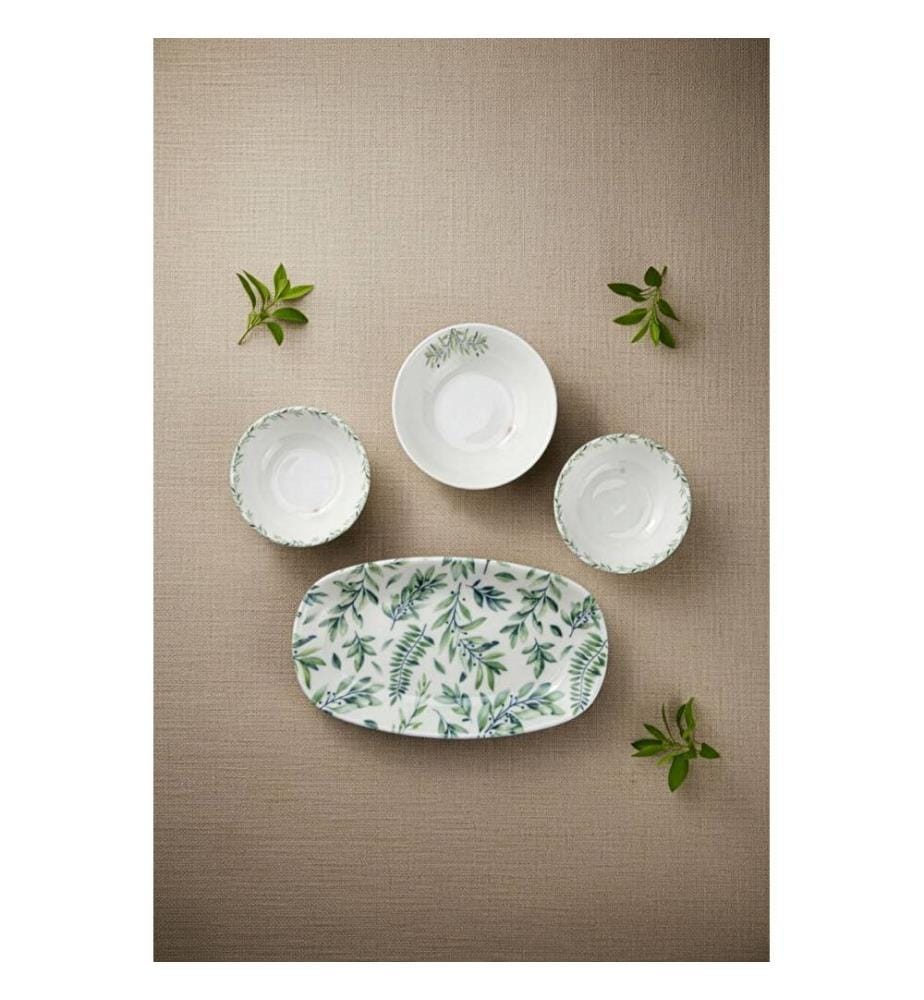 Service à petit-déjeuner, 14 pièces, vert et blanc, 100 % porcelaine