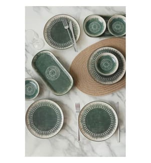 Service à petit-déjeuner, 10 pièces, crème, vert foncé, 100 % grès