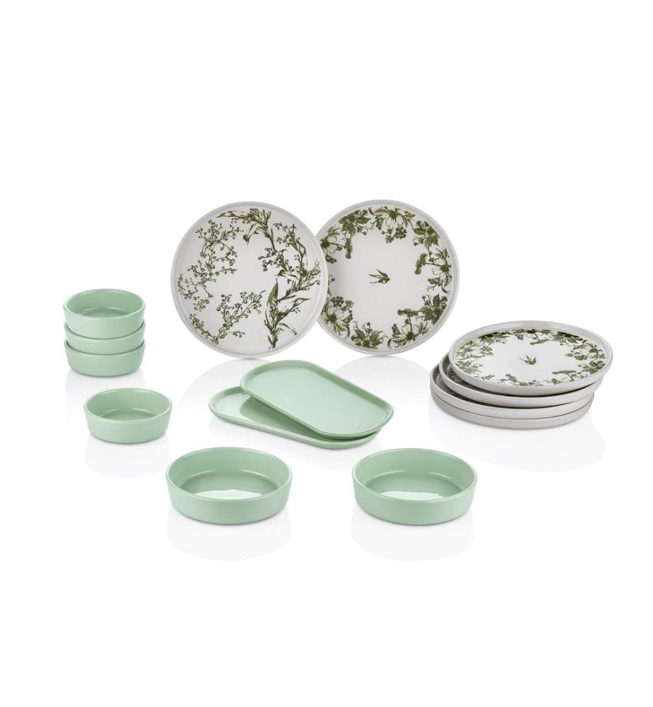 Service à petit-déjeuner, 14 pièces, vert foncé, 100 % céramique