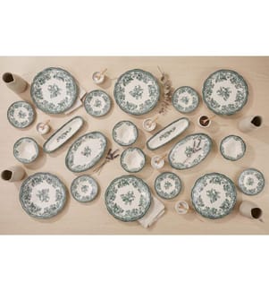 Service à petit-déjeuner, 20 pièces, blanc et vert, 100 % porcelaine