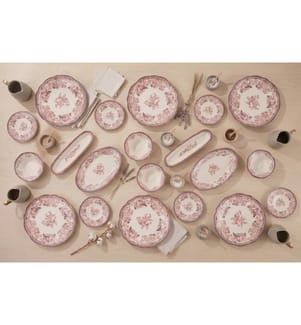 Service à petit-déjeuner, 20 pièces, blanc, bordeaux, 100 % porcelaine