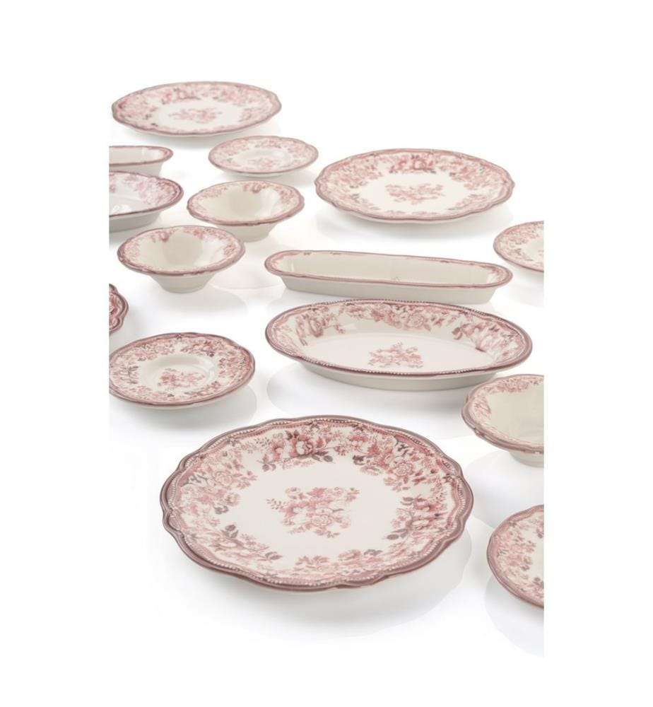 Service à petit-déjeuner, 20 pièces, blanc, bordeaux, 100 % porcelaine