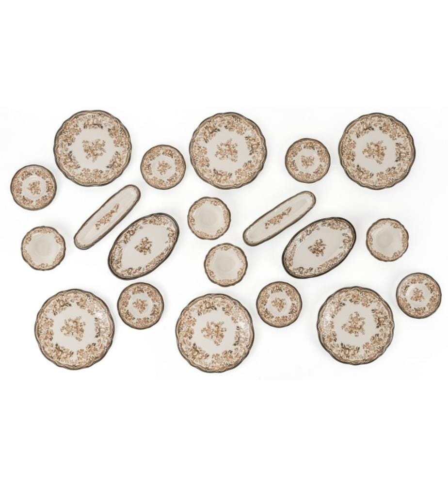 Service à petit-déjeuner, 20 pièces, blanc, marron, 100 % porcelaine
