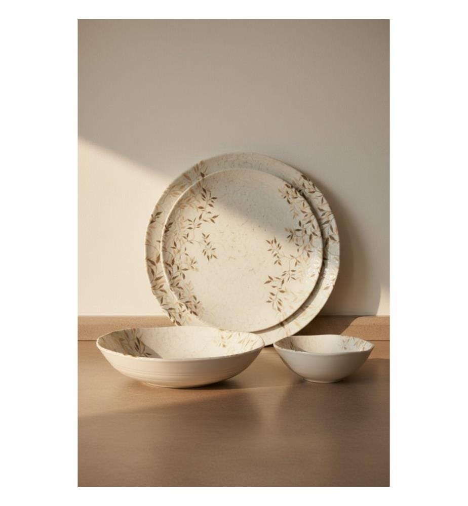 Service de table 24 pièces, blanc, marron, vison, 100 % porcelaine