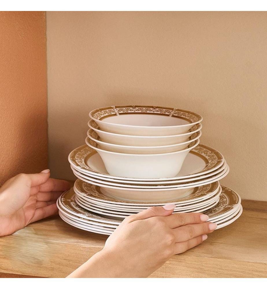 Service de table 24 pièces, doré et blanc, 100 % porcelaine
