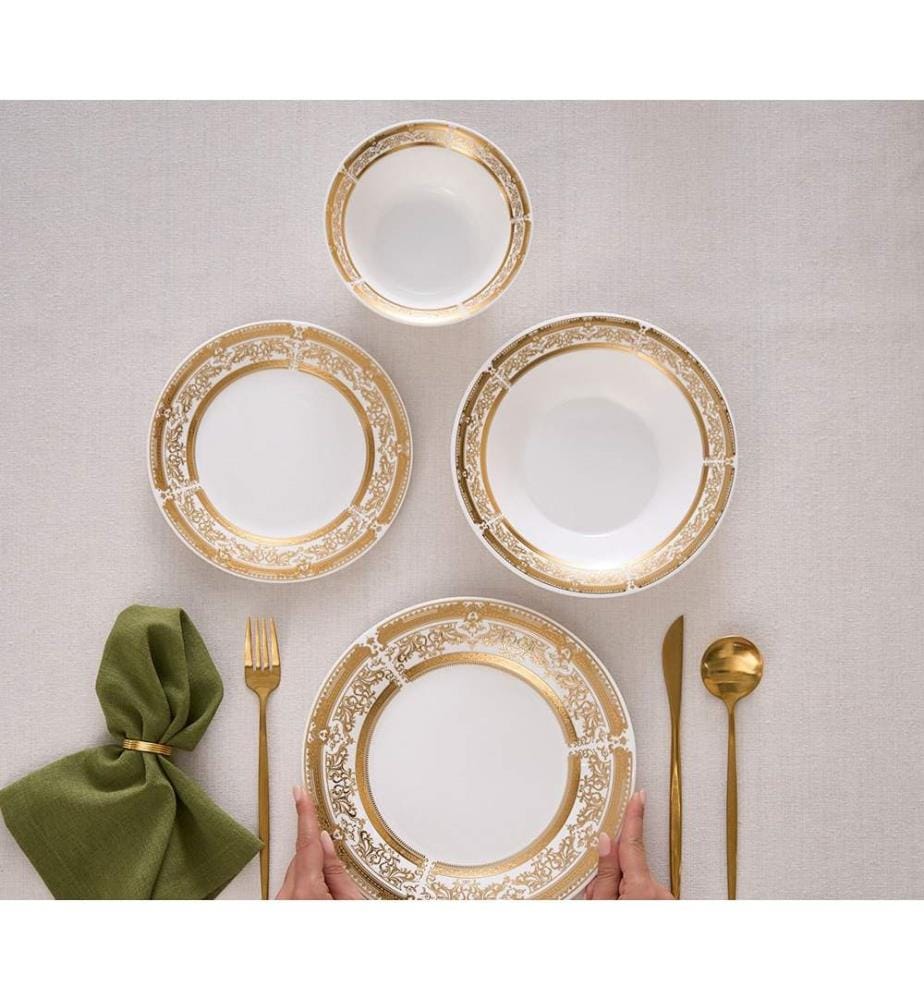 Service de table 24 pièces, doré et blanc, 100 % porcelaine