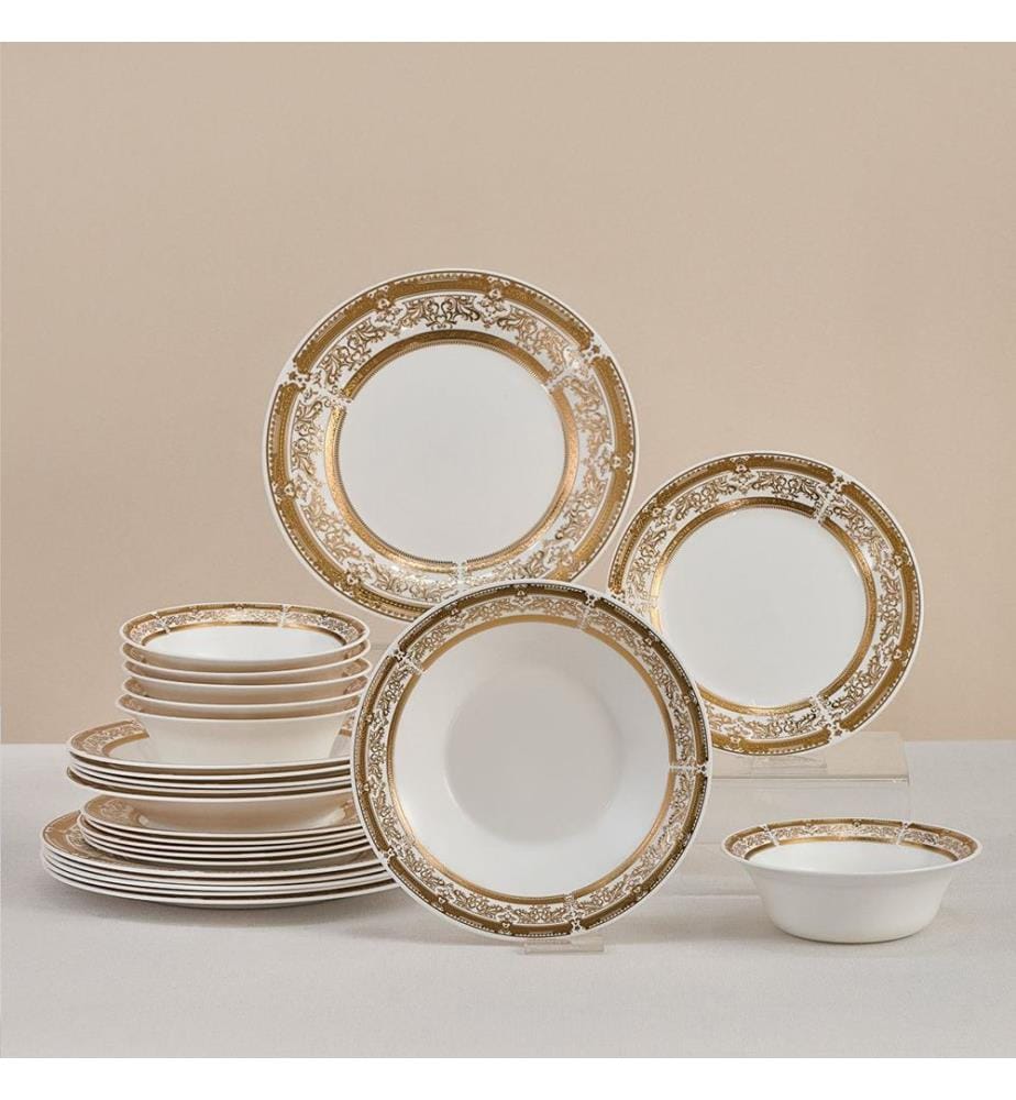 Service de table 24 pièces, doré et blanc, 100 % porcelaine
