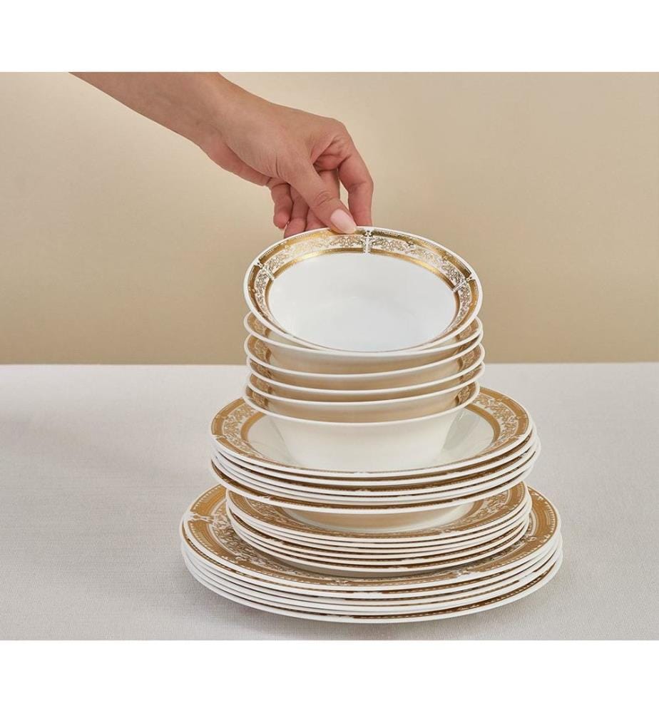 Service de table 24 pièces, doré et blanc, 100 % porcelaine