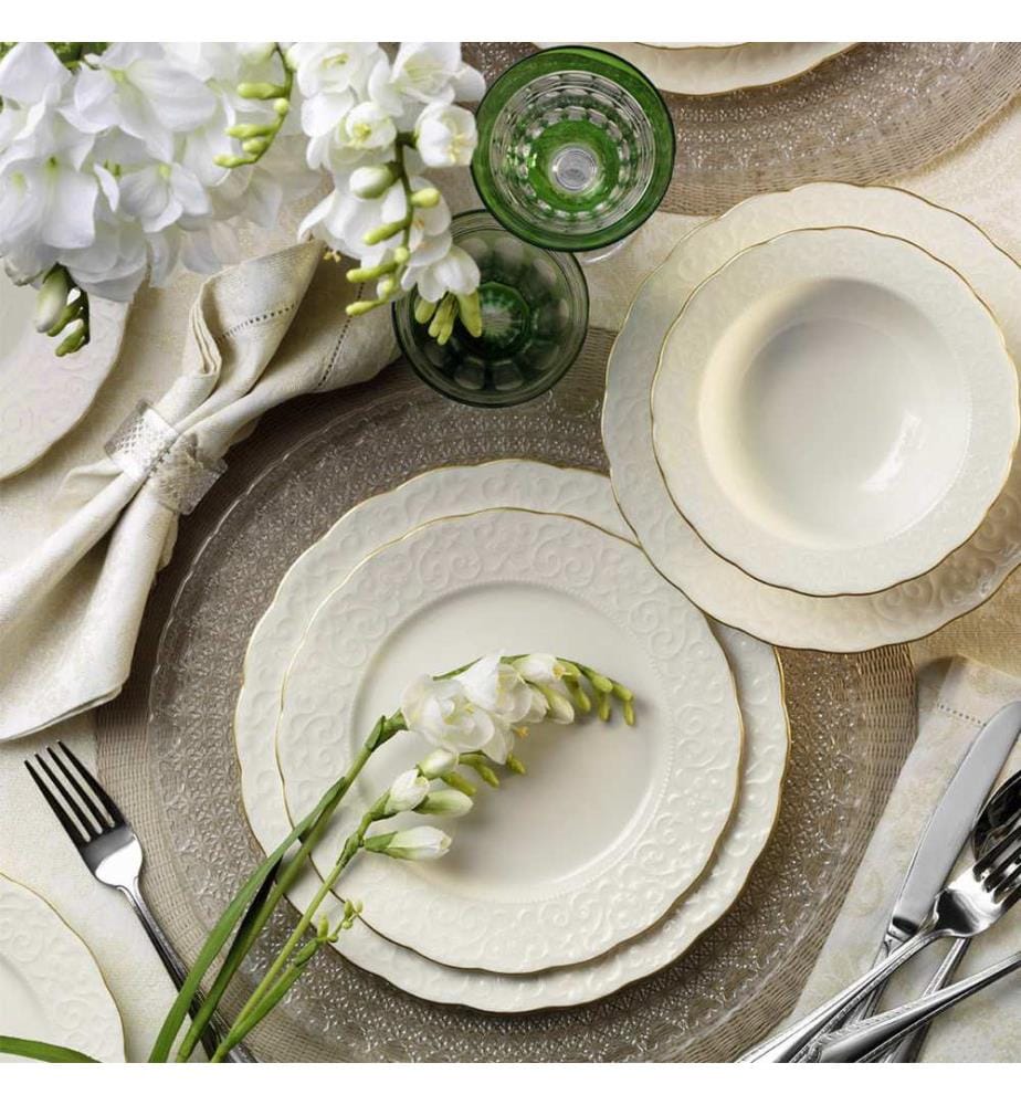Service de table 24 pièces, blanc et doré, 100 % porcelaine