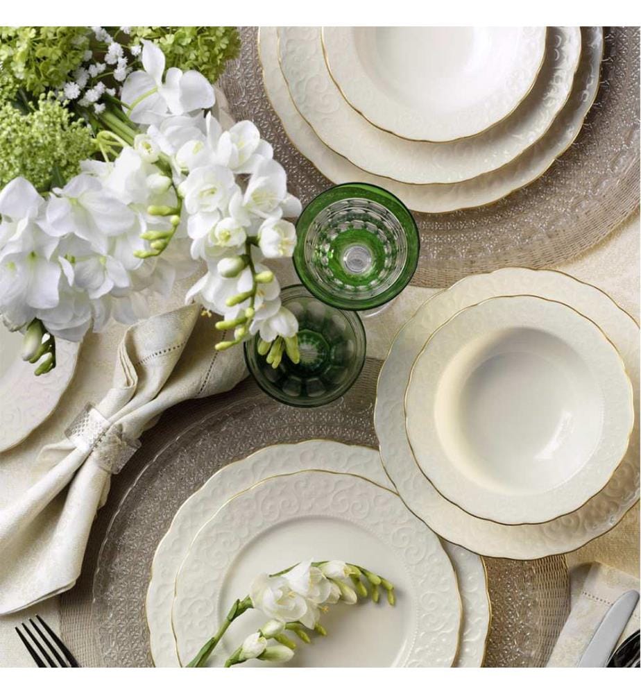 Service de table 24 pièces, blanc et doré, 100 % porcelaine