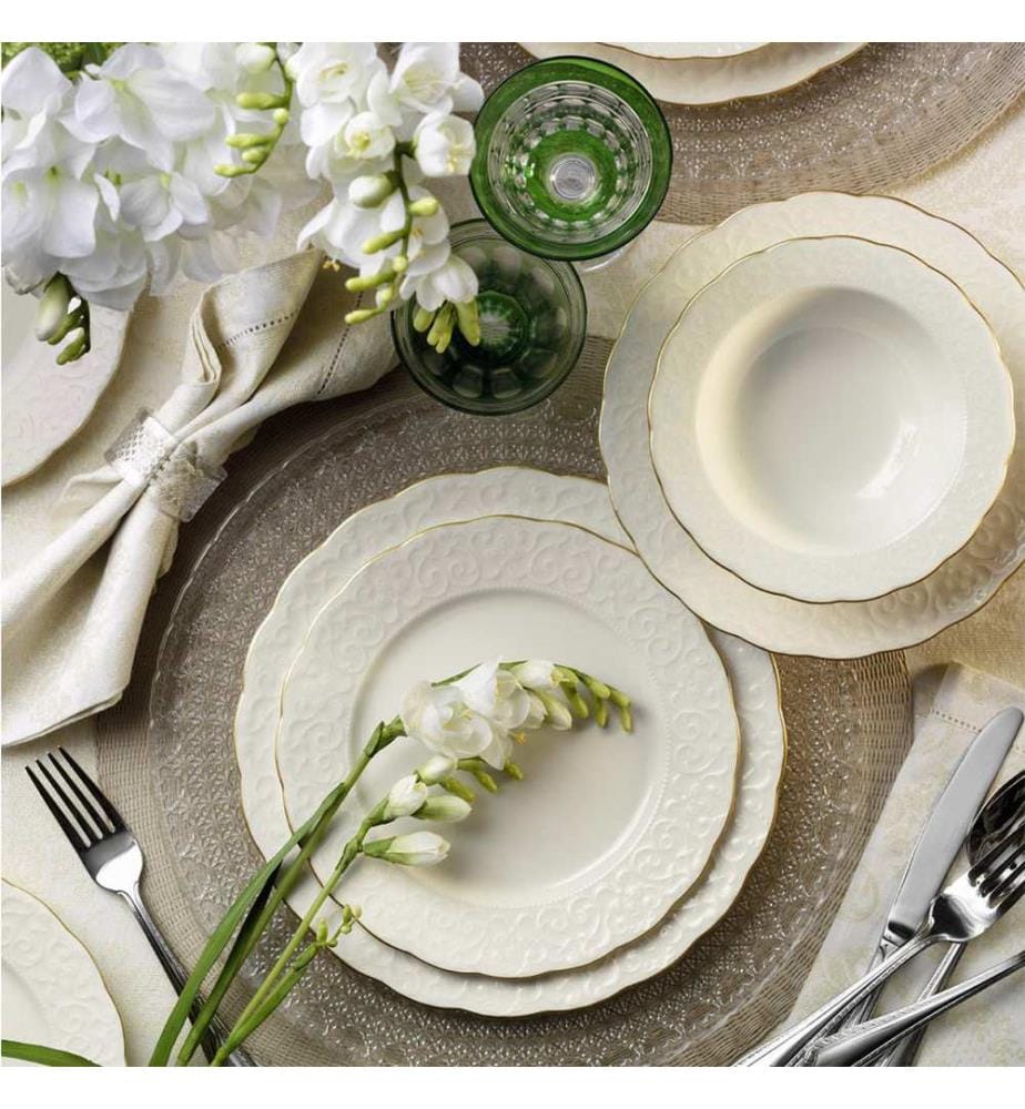 Service de table 24 pièces, blanc et doré, 100 % porcelaine
