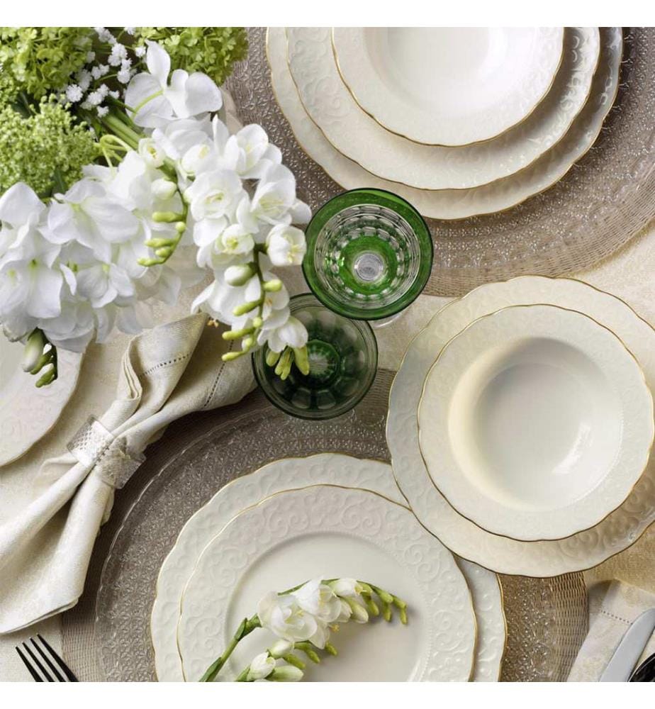 Service de table 24 pièces, blanc et doré, 100 % porcelaine
