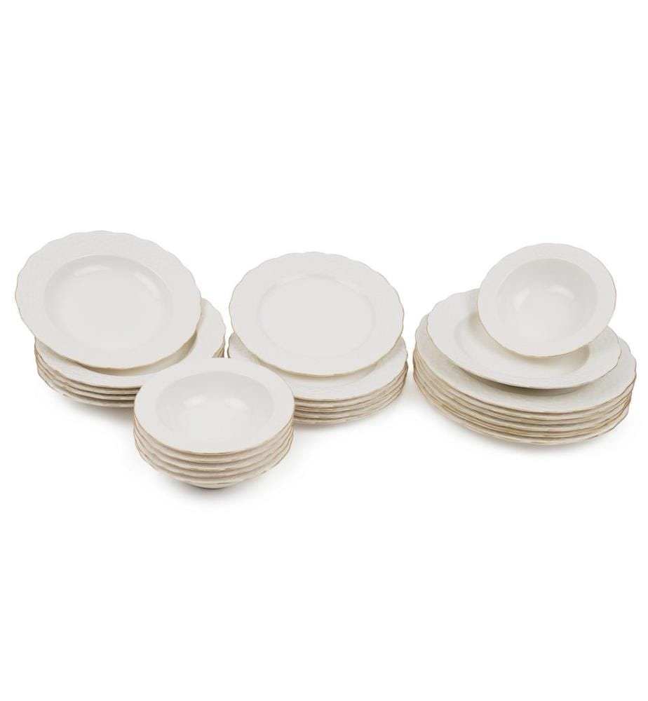Service de table 24 pièces, blanc et doré, 100 % porcelaine