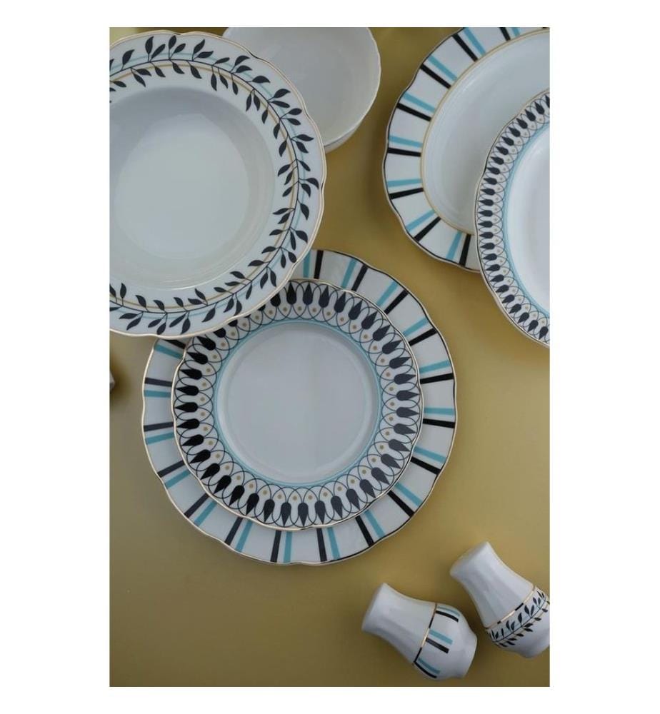 Service de table 62 pièces, blanc, noir, turquoise, 100 % porcelaine