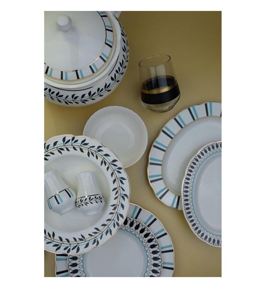 Service de table 62 pièces, blanc, noir, turquoise, 100 % porcelaine