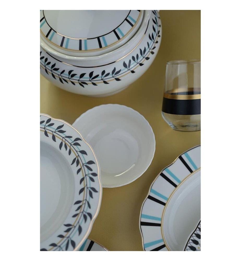 Service de table 62 pièces, blanc, noir, turquoise, 100 % porcelaine