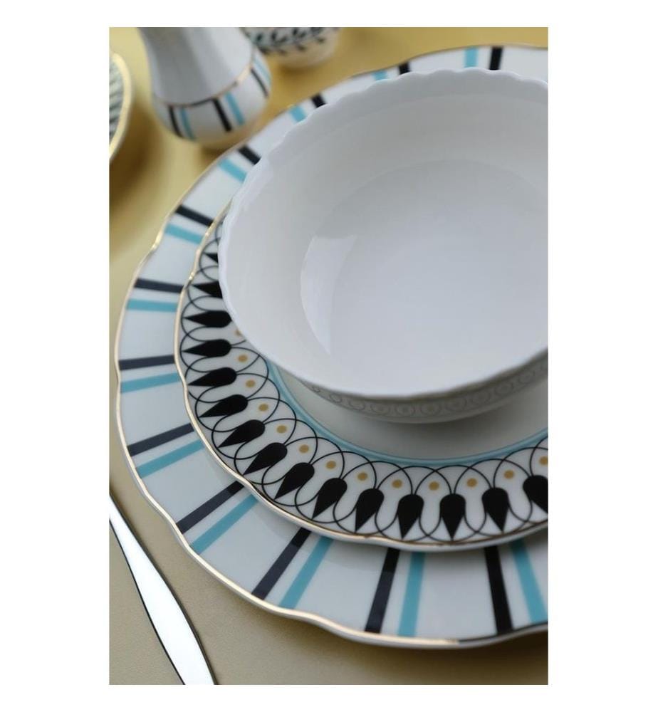 Service de table 62 pièces, blanc, noir, turquoise, 100 % porcelaine
