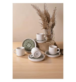 Service à thé, 8 pièces, crème, vert, 100 % grès