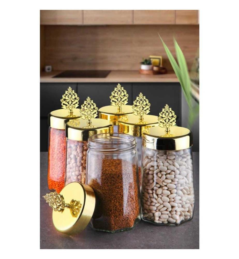 Set di contenitori, 6 pezzi, trasparente, oro, vetro