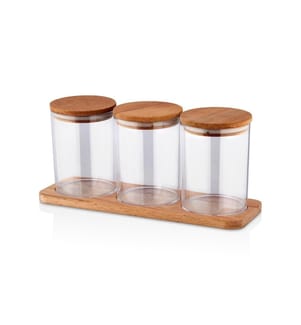 Set di barattoli, 7 pezzi, legno, trasparente, barattolo di plastica, supporto di legno