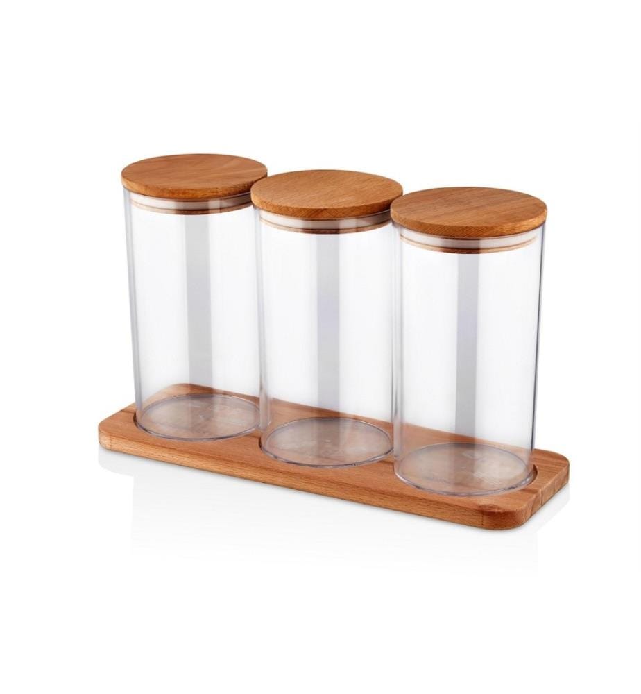 Set de bocaux, 7 pièces, en bois, transparent, bocal en plastique, support en bois