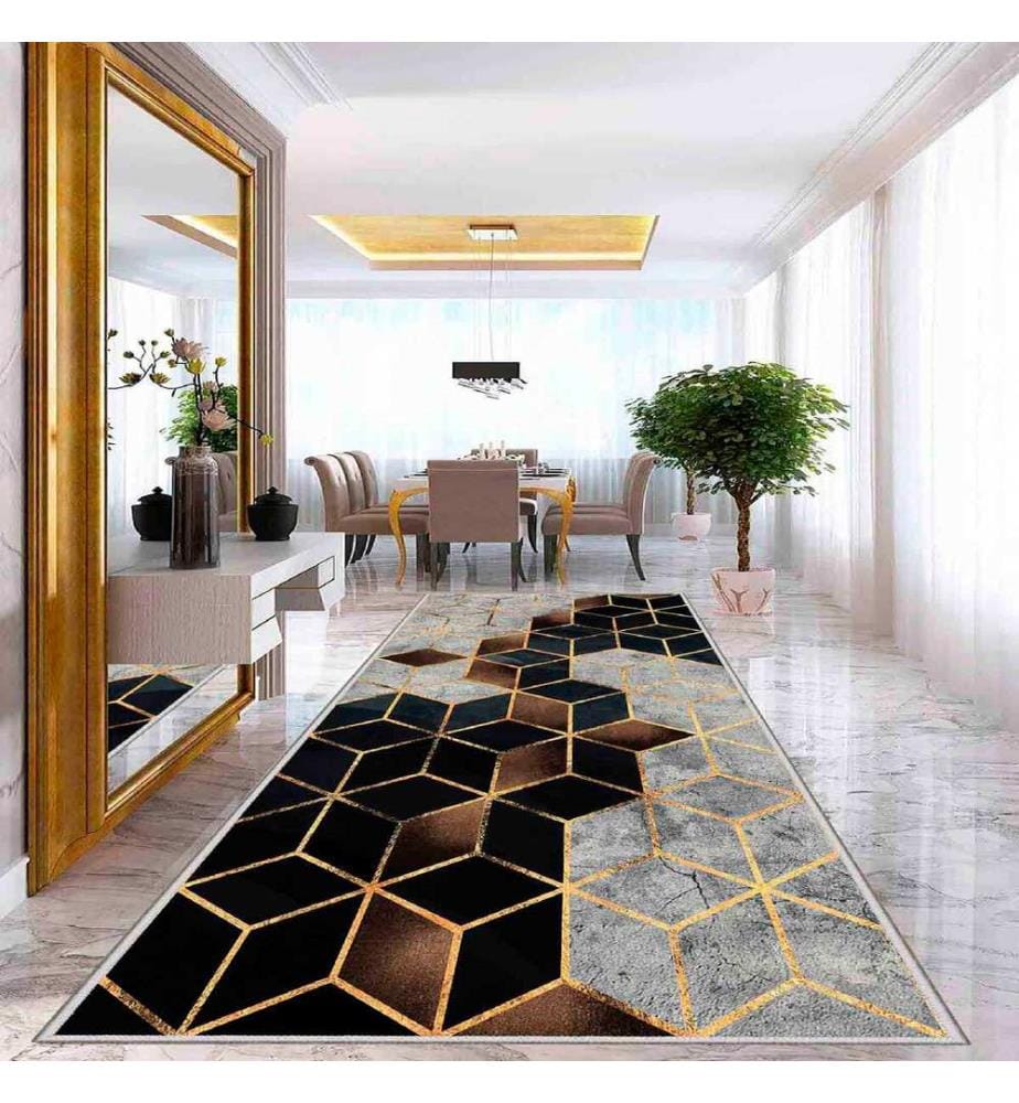 Teppich, Beige, Gold, Schwarz, 100% Polyester, 100 x 300 cm