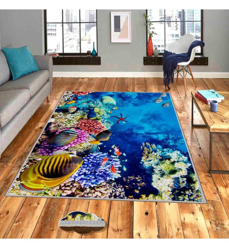 Teppich, Blau, Koralle, Gelb, Rot, 100% Polyester, 140 x 220 cm