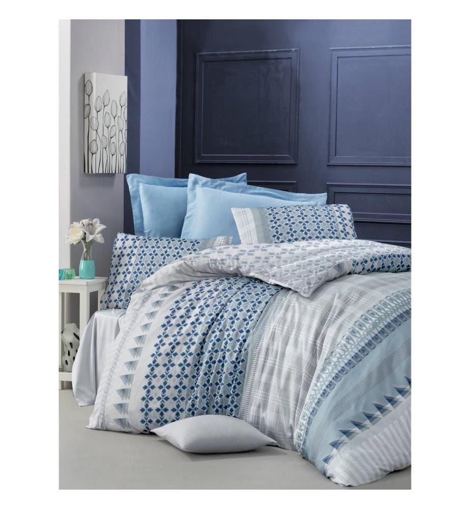Ensemble De Couvertures De Courtepointe Unique En Satin, Bleu Gris Blanc Bleu Foncé, Satin Coton