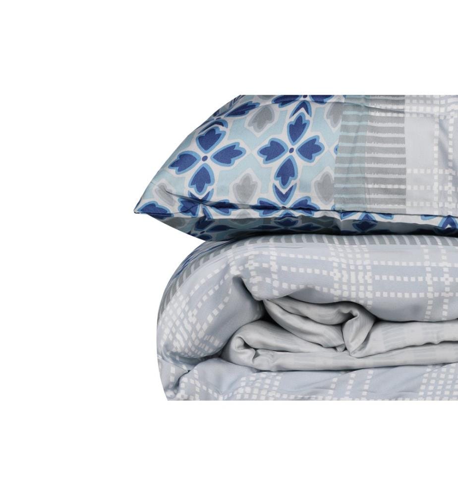 Ensemble De Couvertures De Courtepointe Unique En Satin, Bleu Gris Blanc Bleu Foncé, Satin Coton