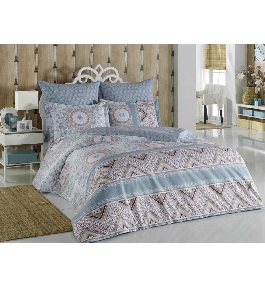 Ranforce King Quilt Cover Set , Blue, White, Brown, 100% Cotton Ranforce