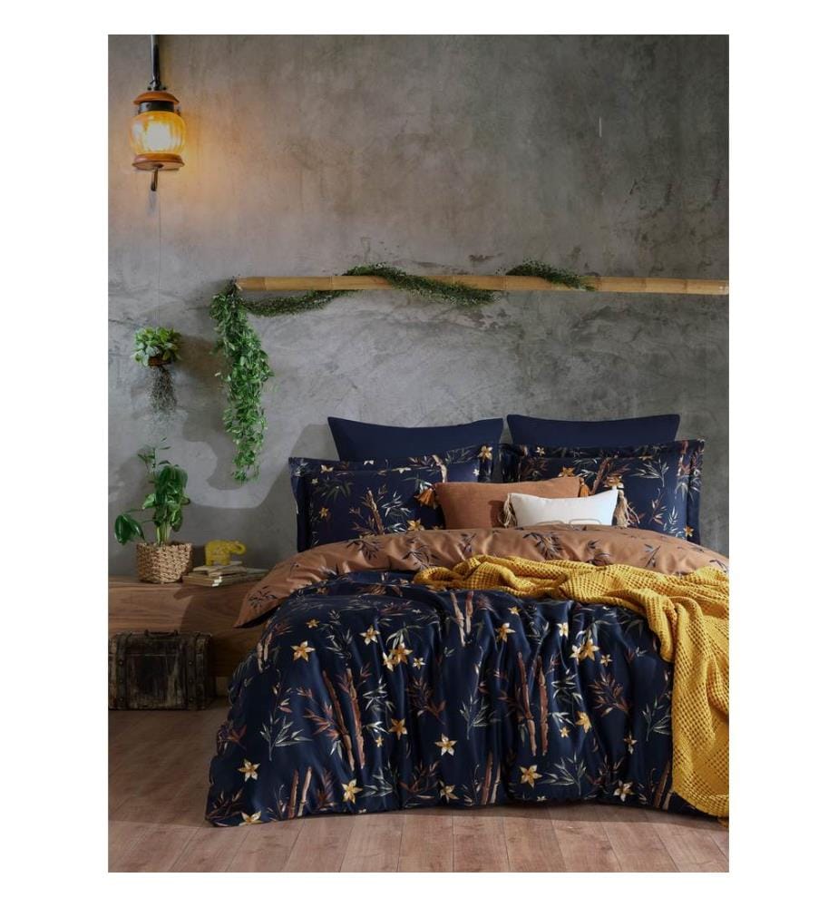 Satin King Quilt Cover Set , Dark Blue, Brown, Yellow, 100% Cotton Satin