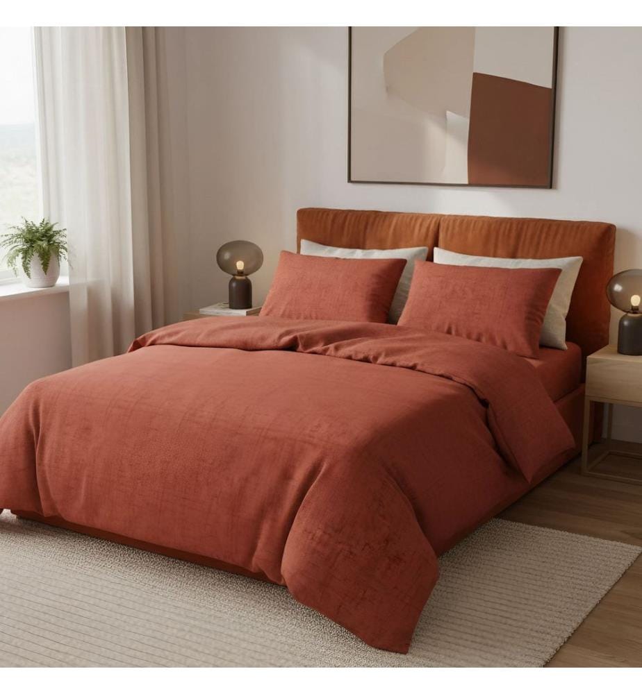Housse de couette Ranforce King, FR, 100 % coton Ranforce, rouge tuile, jaune, blanc, noir