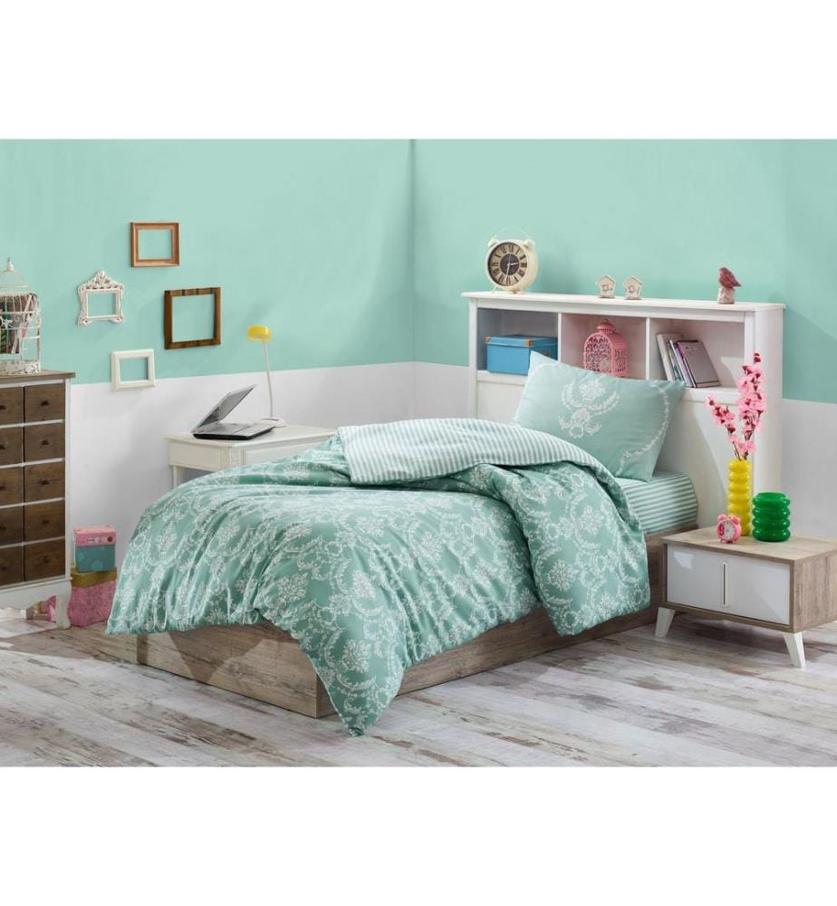 Housse de couette une place, FR, 65 % coton / 35 % polyester, vert d'eau, blanc